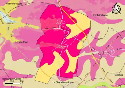 Carte montrant en couleurs le zonage géologique simplifié d'une commune