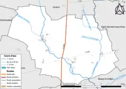 Carte en couleur présentant le réseau hydrographique de la commune
