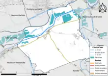 Carte en couleur présentant le réseau hydrographique de la commune