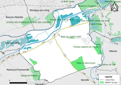 Carte des ZNIEFF de type 1 de la commune.