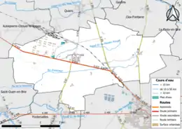 Carte en couleur présentant le réseau hydrographique de la commune