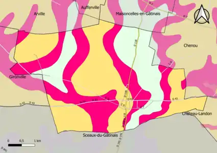 Carte montrant en couleurs le zonage géologique simplifié d'une commune