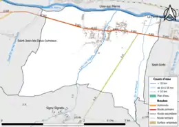 Carte en couleur présentant le réseau hydrographique de la commune
