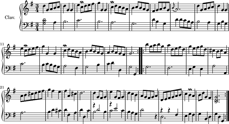 
\version "2.18.2"
\header {
  tagline = ##f
  % composer = "Christian Petzold"
  % opus = ""
  % meter = "Menuet"
}

%% les petites notes
trillCq     = { \tag #'print { c8\mordent } \tag #'midi { c32 b c~ c } }
trillC      = { \tag #'print { c4\mordent } \tag #'midi { c32 b c16~ c8 } }
trillDq     = { \tag #'print { d8\mordent } \tag #'midi { d32 c d~ d } }
graceBA     = { \tag #'print { \grace b8( a2.) } \tag #'midi { b4 a2 } }
trillB      = { \tag #'print { b4\prall } \tag #'midi { c32 b c b~ b8 } }

upper = \relative c'' {
  \clef treble 
  \key g \major
  \time 3/4
  \tempo 2 = 72

  \repeat volta 2 {
      % Menuet en sol majeur (BWV Anh 114)
      d4 g,8 a b c | d4 g, g | e' \trillCq d8 e fis | g4 g, g | \trillC d8 c8 b a | b4 c8 b a g | fis4 g8 a b g | \graceBA |
      % ms. 9
      d4 g,8 a b c | d4 g, g | e' \trillCq d8 e fis | g4 g, g | \trillC d8 c b a | b4 c8 b a g | a4 b8 a g   \tempo 2 = 62 fis |   \tempo 2 = 52 g2.   \tempo 2 = 72 }%repet
      % ms. 17
  \repeat volta 2 {
      b'4 g8 a b g | a4 d,8 e fis d | g4 e8 fis g d | cis4 b8 cis a4 | a8 b cis d e fis | g4 fis e | fis a, cis | d2. |
      % ms. 25
      d4 g,8 fis g4 | e' g,8 fis g4 | d'4 c b | a8 g fis g a4 | d,8 e fis g a b | c4 \trillB a4 | b8 d g,4   \tempo 2 = 62 fis |   \tempo 2 = 52 < b, d g >2.   \tempo 2 = 72 }%repet

}

lower = \relative c' {
  \clef bass
  \key g \major
  \time 3/4

  \repeat volta 2 {
    % ************************************** \appoggiatura a16  \repeat unfold 2 {  } \times 2/3 { }   \omit TupletNumber 
      < g b d >2 a4 | b2. | c  | b | a | g | d'4 b4 g4 | d'4 d8 c b a | 
      % ms. 9
      b2 a4 | g4 b g | c2. | b4 c8 b a g | a2 fis4 | g2 b4 | c4 d4 d, | g2 g,4 }%repet
      % ms. 17
  \repeat volta 2 {
      g'2. | fis | e4 g e | a2 a,4 | a'2. | b4 d cis | d fis, a | d d, c'~
      % ms. 25
      << { r4 d2 | r4 e2 } \\ { b2 b4 | c2 c4 } >> | b4 a g | d'2 r4 | << { r4 r4 fis,4 }\\ { d2. } >> | e4 g fis | g b, d | g d \tempo 2 = 22 g, \tempo 2 = 72 }%repet
      

}

thePianoStaff = \new PianoStaff <<
    \set PianoStaff.instrumentName = #"Clav."
    \new Staff = "upper" \upper
    \new Staff = "lower" \lower
  >>

\score {
  \keepWithTag #'print \thePianoStaff
  \layout {
      #(layout-set-staff-size 17)
    \context {
      \Score
     \override TupletBracket.bracket-visibility = ##f
     \override SpacingSpanner.common-shortest-duration = #(ly:make-moment 1/2)
      \remove "Metronome_mark_engraver"
    }
  }
}

\score {
  \unfoldRepeats
  \keepWithTag #'midi \thePianoStaff
  \midi { \set Staff.midiInstrument = #"harpsichord" }
}
