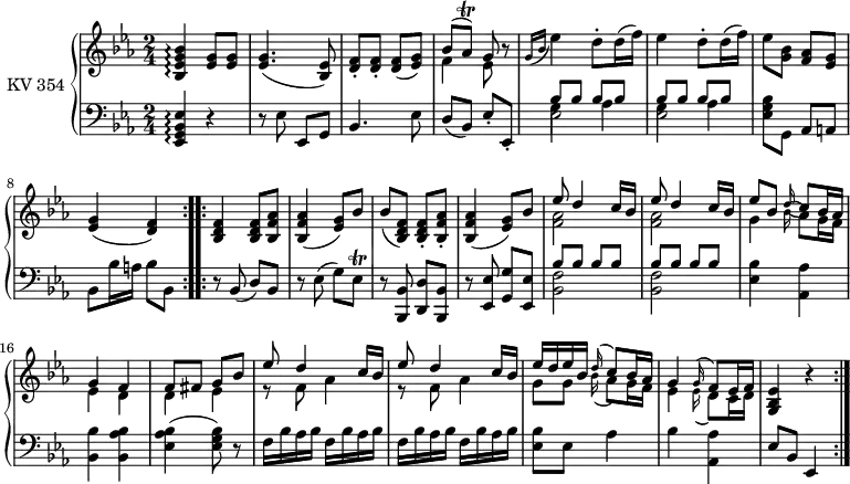 
\version "2.14.2"
\header {
  tagline = ##f
}
upper = \relative c'' { 
         \clef "treble"          
         \key ees \major
         \time 2/4 
         \tempo 4 = 72                 
         \set Staff.midiInstrument = #"piano"

  \repeat volta 2 {
         <bes, ees g bes>4\arpeggio <ees g>8 <ees g>
         <ees g>4. (<bes ees>8)
         <d f>-. <d f>-. <d f> (<ees g>)
         <<{ \stemDown f4 ees8}  \\ { \stemUp bes'8 ^ (aes ^ \trill)  g}>> r8 
          \grace {g16 (bes} ees4) d8-. d16 (f)
         ees4 d8-. d16 (f)
         ees8 <g, bes> <f aes> <ees g>
         <ees g>4 (<d f>)
          }
  \repeat volta 2 { 
          <bes d f>4 <bes d f>8 <bes f' aes>
          <bes  f' aes>4 (<ees g>8) bes'
          bes ( <bes, d f>8)  <bes d f>-.  <bes  f' aes>-.
           <bes f' aes>4 ( <ees g>8) bes'
           <<  {\stemDown <f aes>2}  \\ { \stemUp ees'8 d4 c16 bes}>>
           <<  {\stemDown <f aes>2}  \\ { \stemUp ees'8 d4 c16 bes}>>
           <<  {\stemDown g4 \grace bes16 (aes8) g16 f ees4 d d ees}  \\ { \stemUp ees'8 bes  \grace d16 ( c8) bes16 aes g4 f f8 fis g bes}>>
            << { \stemUp  ees8 d4 c16 bes ees8 d4 c16 bes ees d ees bes  \grace d16 (c8) bes16 aes g4  \grace g16 (f8) ees16 f}   \\   {\stemDown r8 f aes4 r8 f aes4 g8 g  \grace bes16 (aes8) g16 f ees4  \grace ees16 (d8) c16 d}>>
            <g, bes ees>4 r
       }

}

lower = \relative c {
        \clef "bass" 
        \key ees \major
        \time 2/4 
        \set Staff.midiInstrument = #"piano"
  
  \repeat volta 2 { 
    <ees, g bes ees>4 \arpeggio  r
    r8 ees' ees, g
    bes4. ees8
    d (bes) ees-. ees,-.
    <<  {\stemDown ees'2}  \\ { \stemDown g4 aes}  \\ { \stemUp bes8 bes bes bes}>>
    <<  {\stemDown ees,2}  \\ { \stemDown g4 aes}  \\ { \stemUp bes8 bes bes bes}>>
    < ees, g bes>8 g, aes a
    bes bes'16 a bes8 bes,
  } 
  \repeat volta 2 {
    r8 bes8 (d) bes
    r ees (g) ees \trill
    r <bes, bes'> <d d'> <bes bes'>
    r <ees ees'> <g g'> <ees ees'>
    <<  { \stemDown<bes' f'>2}  \\ { \stemUp bes'8 bes bes bes}>>
     <<  { \stemDown<bes, f'>2}  \\ { \stemUp bes'8 bes bes bes}>>
     <ees, bes'>4 <aes, aes'>
     <bes bes'> <bes aes' bes>
     <ees aes bes>4 (<ees g bes>8) r
     \repeat unfold 4 {f16 bes aes bes}
     <ees, bes'>8 ees aes4
     bes <aes, aes'>
     ees'8 bes ees,4  
  }  
}
\score {
  \new PianoStaff <<
    \set PianoStaff.instrumentName = #"KV 354"
    \new Staff = "upper" \upper
    \new Staff = "lower" \lower
  >>
  \layout {
    \context {
      \Score
      \remove "Metronome_mark_engraver"
    }
  }
  \midi { }
}
