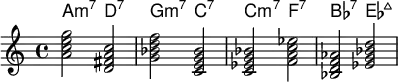 <<
\new ChordNames \chordmode {
a2:m7 d:7 g:m7 c:7 c:m7 f:7 bes:7 es:maj
}
\new Staff \relative c''{
<a c e g> < d, fis a c > <g bes d f> <c, e g bes> <c ees g bes> <f a c ees> <bes, d f aes> < ees g bes d> }
>>