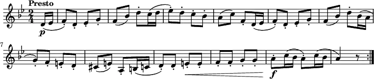 
 \version "2.18.2"
 \relative c' {
  \key bes  \major
  \time 2/4
  \tempo "Presto"
  \tempo 4 = 150
  \partial 8 d16 \p (ees f8-.) d-. ees-. g-.
  f (bes) d-. c16 (d ees8-.)
  d-. c-. bes-.
  a (c) f,-. d16 (ees f8-.) d-. ees-. g-.
  f (bes) d-. bes16 (a g8-.) f-. e-. d-.
  cis (e) a,-. b16 (c d8-.) d-. e-. \< e-.
  f-. f-. g-. g-.
  a-. \f c16 (bes a8-.) c16 (bes a4)
    r8 \bar ":|."
}

