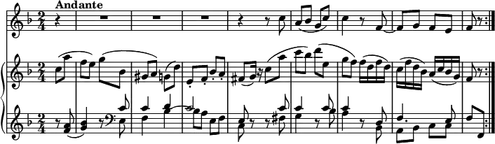 \version "2.18.2"
\header {
tagline = ##f
}
upper = \relative c'' {
\key f \major
\time 2/4
\tempo 4 = 60
\partial 8 c8 (a' f e) g (bes, gis a) g (d')
e,-. f-. bes-. a-.
fis (g16) r c8 (a' c bes) d (e, g f)
f16 (d f d) c (f d bes) a (c bes g)
f8 r \bar ":|."
}
lower = \relative c {
\clef bass
\key f \major
\time 2/4
\clef treble
\partial 8 r8 <f' a>8 (<g bes>4) r8 \clef bass
<<{\relative c {\stemDown e8 f4 bes ~ bes8 a e f c d \rest d \rest fis g4 d8 \rest bes' a4 d,8 \rest bes a bes c c}}
\\ \relative c {{ \stemUp c'8 c4 d c2 e,8 s s c' c4 s8 c c4 s8 d, f4. e8}}>>
f,8 f, \bar ":|."
}
vl = \relative c'' {
\key f \major
\time 2/4
\partial 4 r4 ^ \markup {\bold {"Andante"} } \repeat unfold 3 { R1 * 2/4 }
r4 r8 c
a (bes g c)
c4 r8 f, ~ f g f e f r \bar ":|."
}
\score {
\new GrandStaff <<
\new PianoStaff <<
\new Staff = "upper" \upper
\new Staff = "lower" \lower
>>
\new Staff = "vl" \vl
>>
\layout {
\context {
\Score
\remove "Metronome_mark_engraver"
}
}
\midi { }
}