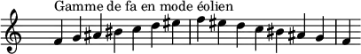 \relative c' {
\clef treble \time 7/4 \hide Staff.TimeSignature f4^\markup { Gamme de fa en mode éolien } g ais bis c d eis f eis d c bis ais g f
}