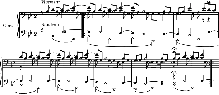 
\version "2.18.2"
\header {
  tagline = ##f
}

Pralldcr = { \tag #'print { d8\prall } \tag #'midi { d32 ees d16 }  }
Mordbescr = { \tag #'print { bes8\mordent\fermata } \tag #'midi { bes32 a bes16 }  }

upper = \relative c'' {
  \clef treble 
  \key bes \major
  \time 2/2
  \override Staff.TimeSignature.style = #'single-digit
  \tempo 4 = 180
  \tempo "Vivement"
  \set Staff.midiInstrument = #"harpsichord"
  \mergeDifferentlyDottedOn
  
   \clef bass << { r8^\markup{\italic "Vivement"} bes,8 d4~ d8 c~ < c f~ >4 f8 bes, d4~ d8 c~ < c f~ >4 | f8 } \\ { s8 bes,4 bes8~ bes4. a8~ a8 bes4 bes8~ bes4. a8~ | a8 } >>
   << { a8 bes2 bes8 a | g8 bes ees4. ees8 \Pralldcr c8 | d8 } \\ { a4 g8~ g f~ f4 | g4. g8 a8 r8 r4 | r8 } >>
   << { bes8 d4~ d8 c~ < c f~ >4 f8 bes, d4~ d8 c~ < c f~ >4 | f8 } \\ { bes,4 bes8~ bes4. a8~ a8 bes4 bes8~ bes4. a8~ | a8 } >>
   << { a8 bes2 bes8 a | g8 a bes2 bes8 \tempo 4 = 120 a \tempo 4 = 70 \Mordbescr \tempo 4 = 160 bes8 \tempo 4 = 180 d4~ d8 c8~ < f c >4 } \\ { a,4 g8~ g f~ f4 | g4. f8~ f f~ f4~ f8 bes4 bes8~ bes4. f8~ \hideNotes f8 } >>
   
  

}

lower = \relative c {
  \clef bass
  \key bes \major
  \time 2/2
  \override Staff.TimeSignature.style = #'single-digit
    
   << { r4^\markup{Rondeau} s4 f2~  } \\ { s4 bes,4( f' f,) } >>
   \bar ".|:"
   % mes 5
   << { f'4 f2 ees4~ ees d2 d4~ d c2 f4~ f f2 f4~ f f2 ees4~ ees d2 d4~ d c2~ < ees c >4 r4\fermata f2 f4~ \bar ":|." \hideNotes f8 } \\ { bes,2\( f g d\) ees2\( f bes f\) bes2( f) g( d) ees( f) < d' bes >( f,) } >>

} 

thePianoStaff = \new PianoStaff <<
    \set PianoStaff.instrumentName = #"Clav."
    \new Staff = "upper" \upper
    \new Staff = "lower" \lower
  >>

\score {
  \keepWithTag #'print \thePianoStaff
  \layout {
    \context {
      \Score
      \remove "Metronome_mark_engraver"
    }
  }
}

\score {
  \keepWithTag #'midi \thePianoStaff
  \midi { }
}
