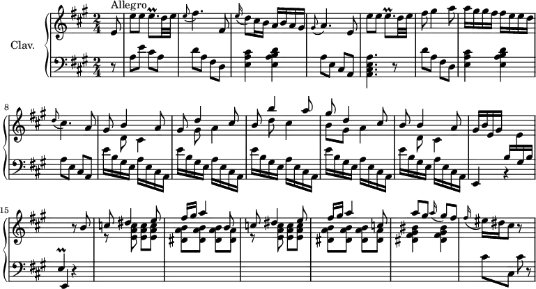
\version "2.18.2"
\header {
  tagline = ##f
  % composer = "Domenico Scarlatti"
  % opus = "K. 181"
  % meter = "Allegro"
}

%% les petites notes
trillEqp     = { \tag #'print { e8.\prall } \tag #'midi { fis32 e fis e~ e16 } }
trillEpDown  = { \tag #'print { e,4\prall } \tag #'midi { fis32 e fis e~ e8 } }

upper = \relative c'' {
  \clef treble 
  \key a \major
  \time 2/4
  \tempo 4 = 92
  \set Staff.midiInstrument = #"harpsichord"
  \override TupletBracket.bracket-visibility = ##f

      \partial 8
      s8*0^\markup{Allegro}
      e,8 | e'8 e \trillEqp d32 e | \appoggiatura e8 fis4. fis, 8 | \appoggiatura e'16 d8 cis16 b a b a gis | \appoggiatura gis8 a4. e8 | e'8 e \trillEqp d32 e |
      % ms. 6
      fis8 gis4 a8 | a16 gis gis fis fis e e d | \appoggiatura d8 cis4. a8 | 
      << { gis8 b4 a8 | gis8 d'4 cis8 } \\ { s8 d,8 cis4 | s8 gis'8 a4 } >>
      % ms. 11
      << { b8 b'4 a8 | gis d4 cis8 | b b4 a8 } \\ { s8 d8 cis4 | b8 gis a4 | s8 d,8 cis4 } >> | gis'16 b e, gis \stemUp \change Staff = "lower" b, \stemDown \change Staff = "upper"  e \stemUp \change Staff = "lower"  gis, b \trillEpDown \change Staff = "upper"  r8 \repeat unfold 2 { b''8
      % ms. 16
      c8 \stemUp dis4 e8 | fis16 gis a4 } c,8 | a'8 gis \appoggiatura a16 gis8 fis | \stemNeutral
      % ms. 21
      \appoggiatura fis16 eis16 dis cis8 r8 s8 % gis8 | r8 

}

lower = \relative c' {
  \clef bass
  \key a \major
  \time 2/4
  \set Staff.midiInstrument = #"harpsichord"
  \override TupletBracket.bracket-visibility = ##f

    % ************************************** \appoggiatura a16  \repeat unfold 2 {  } \times 2/3 { }   \omit TupletNumber 
      r8 | a8 e' cis a | d8 a fis d | < e a cis >4 < e a b d > | a8 e cis a | < a cis e a >4. r8 |
      % ms. 6
      d'8 a fis d | < e a cis >4 < e a b d > | a8 e cis a | \repeat unfold 5 { e''16 b gis e a e cis a } |
      % ms. 14
      \repeat unfold 2 { \shiftOn e4 r4 } | \stemDown \change Staff = "upper" 
      % ms. 16
      \repeat unfold 2 { r8 < e'' a c >8 q q | < dis a' b > q q < dis a' > } | < dis fis gis bis >4 q | \stemDown \change Staff = "lower" 
      % ms. 21
      cis8 cis, cis'8 r8

}

thePianoStaff = \new PianoStaff <<
    \set PianoStaff.instrumentName = #"Clav."
    \new Staff = "upper" \upper
    \new Staff = "lower" \lower
  >>

\score {
  \keepWithTag #'print \thePianoStaff
  \layout {
      #(layout-set-staff-size 17)
    \context {
      \Score
     \override SpacingSpanner.common-shortest-duration = #(ly:make-moment 1/2)
      \remove "Metronome_mark_engraver"
    }
  }
}

\score {
  \keepWithTag #'midi \thePianoStaff
  \midi { }
}
