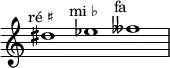 \relative c'' {
\time 3/1
\override Staff.TimeSignature #'stencil = ##f
dis1^\markup { \center-align "ré ♯" }
ees^\markup { \center-align "mi ♭" }
feses^\markup { \center-align "fa 𝄫" }
}