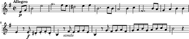 \relative c'' {
\version "2.18.2"
\key g \major
\time 2/2
\tempo "Allegro"
\tempo 4 = 160
\partial 4 e,8\p g
b2 e
g2. fis8 e
dis2 e4 fis
b,2. c8 b
a2 b4 c
fis,2. b8 a
g4 a b b
e, r8 e-.\f dis-. e-. fis-. dis-.
b4 r8_\markup{\italic simile} fis' e fis g e
b4 r8 g'8 fis g a fis
g a b g a b c a
b2 r4
}