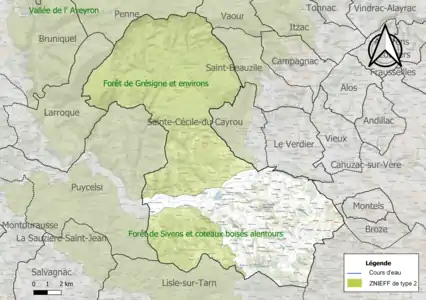 Carte des ZNIEFF de type 2 sur la commune.