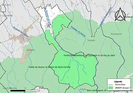 Carte des ZNIEFF de type 1 sur la commune.