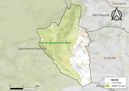 Carte de la ZNIEFF de type 2 sur la commune.