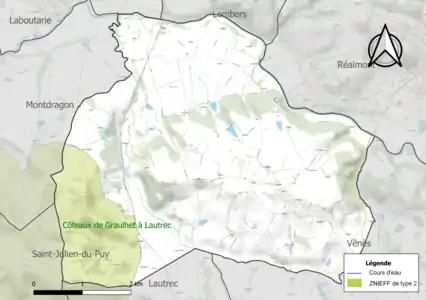 Carte de la ZNIEFF de type 2 sur la commune.