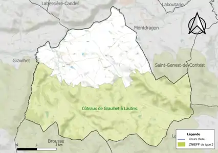 Carte de la ZNIEFF de type 2 sur la commune.