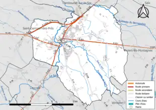 Carte en couleur présentant le réseau hydrographique de la commune