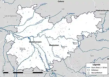 Carte des cours d'eau de longueur supérieure à 50&nbsp;km de Tarn-et-Garonne.