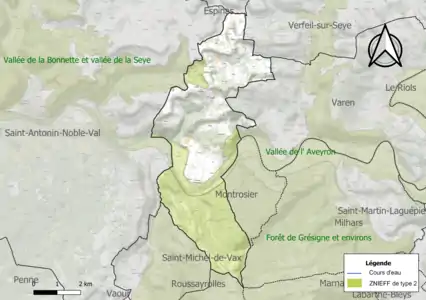 Carte des ZNIEFF de type 2 sur la commune.