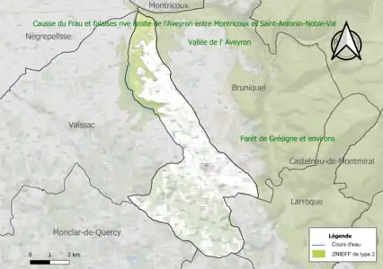 Carte des ZNIEFF de type 2 sur la commune.