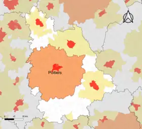 Localisation de l'aire d'attraction de Poitiers dans le département de la Vienne.