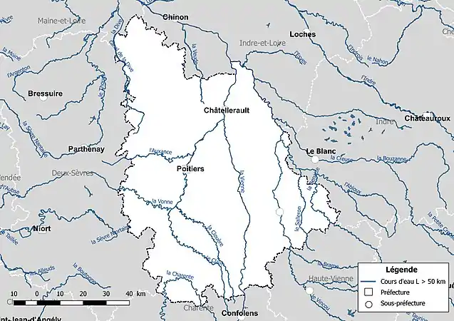 Carte des cours d'eau de longueur supérieure à 50&nbsp;km de la Vienne.