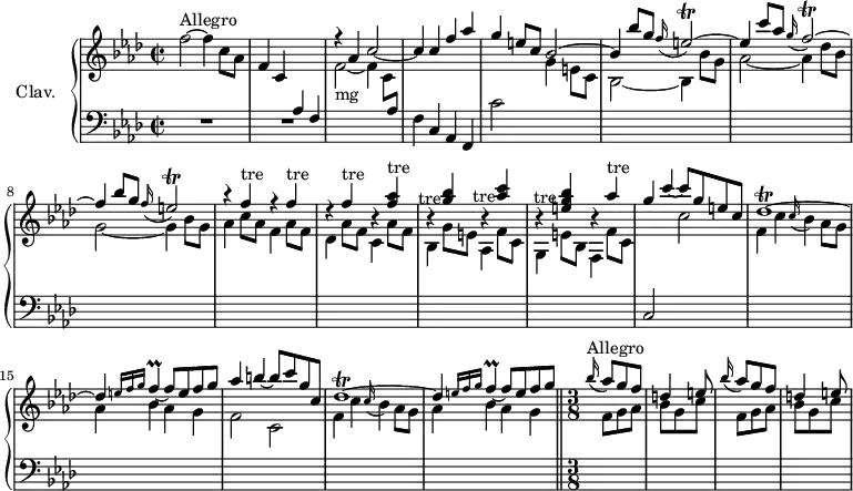 
\version "2.18.2"
\header {
  tagline = ##f
  % composer = "Domenico Scarlatti"
  % opus = "K. 204a"
  % meter = "Allegro"
}

%% les petites notes
trillEb        = { \tag #'print { e2\trill^~ } \tag #'midi { f32 e f e~ e8~ e4~ } }
trillFb        = { \tag #'print { f2\trill^~ } \tag #'midi { g32 f g f~ f8~ f4~ } }
trillF         = { \tag #'print { f4^\markup{tre} } \tag #'midi {  \repeat unfold 4 { g32 f } } }
trillAesAcc    = { \tag #'print { < f aes >4^\markup{tre} } \tag #'midi { << { \repeat unfold 4 { bes32 aes } } \\ { f4 } >> } }
trillGAcc      = { \tag #'print { < g bes >4-\tweak X-offset #-3 -\tweak extra-offset #'(-0.2 . 9.6)-\markup{tre} } \tag #'midi { << { \repeat unfold 4 { aes32 g } } \\ { bes4 } >> } }
trillAAcc      = { \tag #'print { < aes c >4-\tweak X-offset #-3 -\tweak extra-offset #'(-0.2 . 10.3)-\markup{tre} } \tag #'midi { << { \repeat unfold 4 { bes32 aes } } \\ { c4 } >> } }
trillEGAcc     = { \tag #'print { < e, g bes >4-\tweak X-offset #-3 -\tweak extra-offset #'(-0.5 . 10.9)-\markup{tre} } \tag #'midi { << { \repeat unfold 4 { aes32 g } } \\ { < e, bes >4 } >> } }
trillA         = { \tag #'print { aes'4^\markup{tre} } \tag #'midi {  \repeat unfold 4 { bes32 aes } } }
trillFL        = { \tag #'print { f4\prall~ } \tag #'midi { g32 f g f~ f8~ } }
trillDesr      = { \tag #'print { des1\trill^~ } \tag #'midi { \repeat unfold 2 { ees32 des~ } des8~ des2.~ } }


upper = \relative c'' {
  \clef treble 
  \key f \minor
  \time 2/2
  \tempo 2 = 70
  \set Staff.midiInstrument = #"harpsichord"
  \override TupletBracket.bracket-visibility = ##f

      s8*0^\markup{Allegro}
      f2~ f4 c8 aes | f4 c \stemUp \change Staff = "lower"  aes f \stemUp \change Staff = "upper" | r4 aes'4 c2~ | c4 c f aes |
      % ms. 5
      g4 e8 c bes2^~ | bes4 bes'8 g \appoggiatura f16 \trillEb | e4 c'8 aes \appoggiatura g16 \trillFb | f4 bes8 g \appoggiatura f16 \trillEb |
      % ms. 9
      \repeat unfold 3 { r4 \trillF } r4 \trillAesAcc | r4 \trillGAcc r4 \trillAAcc | r4 \trillEGAcc r4 \trillA |
      % ms. 13
      g4 c~ c8 g e c | \trillDesr | des4 \grace {   \tempo 2 = 25 e16 f g }   \tempo 2 = 70 \trillFL f8 e f g | aes4 b4~ b8 c g c, |
      % ms. 17
      \trillDesr | des4 \grace {   \tempo 2 = 25 e16 f g }   \tempo 2 = 70 \trillFL f8 e f \tempo 2 = 20 g  \bar "||"   \time 3/8 s4*0^\markup{Allegro} \tempo 4. = 72
      % ms. 19 - 3/8
      \repeat unfold 2 { \appoggiatura bes16 aes8 g f | d4 e8 }

}

lower = \relative c' {
  \clef bass
  \key f \minor
  \time 2/2
  \set Staff.midiInstrument = #"harpsichord"
  \override TupletBracket.bracket-visibility = ##f

    % ************************************** \appoggiatura a16  \repeat unfold 2 {  } \times 2/3 { }   \omit TupletNumber 
      R1*2 | \stemDown \change Staff = "upper"  f2_~-\markup{mg} f4 c8 \stemUp \change Staff = "lower"  aes | \stemNeutral f4 c aes f |
      % ms. 5
      c''2 \stemDown \change Staff = "upper" g'4 e8 c | bes2_~ bes4  bes'8 g | aes2_~ aes4 des8 bes | g2_~ g4 bes8 g |
      % ms. 9
      aes4 c8 aes f4 aes8 f | des4 aes'8 f c4 aes'8 f | bes,4 g'8 e aes,4 f'8 c | g4 e'8 bes f4 f'8 c |
      % ms. 13
      \stemUp \change Staff = "lower" c,2 \stemDown \change Staff = "upper" c''2 | f,4 c' \appoggiatura c16 bes4 aes8 g | aes4  bes aes g | f2 c |
      % ms. 17
      f4 c' \appoggiatura c16 bes4 aes8 g | aes4  bes aes g | \time 3/8 \grace s16
      % ms. 19 - 3/8
      \repeat unfold 2 { f8 g aes | bes g c }

}

thePianoStaff = \new PianoStaff <<
    \set PianoStaff.instrumentName = #"Clav."
    \new Staff = "upper" \upper
    \new Staff = "lower" \lower
  >>

\score {
  \keepWithTag #'print \thePianoStaff
  \layout {
      #(layout-set-staff-size 17)
    \context {
      \Score
     \override SpacingSpanner.common-shortest-duration = #(ly:make-moment 1/2)
      \remove "Metronome_mark_engraver"
    }
  }
}

\score {
  \keepWithTag #'midi \thePianoStaff
  \midi { }
}
