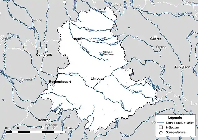 Carte des cours d'eau de longueur supérieure à 50&nbsp;km de la Haute-Vienne.