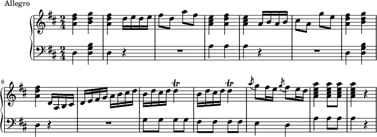 
\version "2.18.2"
\header {
  tagline = ##f
}
upper = \relative c'' {
  \clef treble 
  \key d \major
  \time 2/4
  \tempo 4 = 120
  \override TupletBracket.bracket-visibility = ##f
  \set Staff.midiInstrument = #"recorder"

   %%Andrea Luchesi — Sonate en ré (pdf http://petrucci.mus.auth.gr/imglnks/usimg/2/2b/IMSLP354926-PMLP573206-andrea_luchesi_sonata_in_d_major.pdf)
   < fis d a >4 < g d b > < fis d a > d16 e d e fis8 d a' fis < e cis a >4  < fis d a > < e cis a > a,16 b a b cis8 a g' e
   < fis d a >4 < g d b > < fis d a >
   d,16 a b cis d e fis g a b cis d  \repeat unfold 2 { b d cis d d4\trill } | \acciaccatura a'8 g8 fis16 e  \acciaccatura g8 fis8 e16 d
   < a' e cis a >4 q8 q8 q4 r4

}

lower = \relative c {
  \clef bass
  \key d \major
  \time 2/4
  \set Staff.midiInstrument = #"recorder"

  d4 < b' g d > d, r4 R2 a'4 a a r4 R2 d,4 < b' g d > d, r4 R2
  g8 g g g fis fis fis fis e4 d a' a8 a a4 r4

}

  \header {
    piece = "Allegro"
  }

\score {
  \new PianoStaff <<
    \new Staff = "upper" \upper
    \new Staff = "lower" \lower
  >>
  \layout {
    \context {
      \Score
      \remove "Metronome_mark_engraver"
    }
  }
  \midi { }
}
