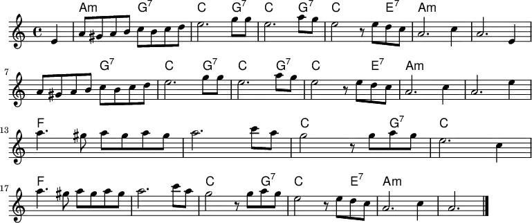 
<<
  \new ChordNames \with {
    midiInstrument = "acoustic grand"
  } \chordmode {
    \key a \minor
    \partial 4
    s4
    a2:m g:7
    c2. g4:7
    c2. g4:7
    c2. e4:7
    a2*5:m g2:7
    c2. g4:7
    c2. g4:7
    c2. e4:7
    a1*2:m
    f
    c2. g4:7
    c1
    f1*2
    c2. g4:7
    c2. e4:7
    a1*2:m
  }

  \new Staff \with {
    midiInstrument = "flute"
  } \relative c' {
    \key a \minor
    \partial 4
    e4
    a8 gis a b c b c d
    e2. g8 g
    e2. a8 g
    e2 r8 e d c
    a2. c4 a2. e4 \break
    a8 gis a b c b c d
    e2. g8 g
    e2. a8 g
    e2 r8 e d c
    a2. c4
    a2. e'4 \break
    a4. gis8 a gis a gis
    a2. c8 a
    g2 r8 g a g
    e2. c4 \break
    a'4. gis8 a gis a gis
    a2. c8 a
    g2 r8 g a g
    e2 r8 e d c
    a2. c4
    a2. \bar "|."
  }
>>
