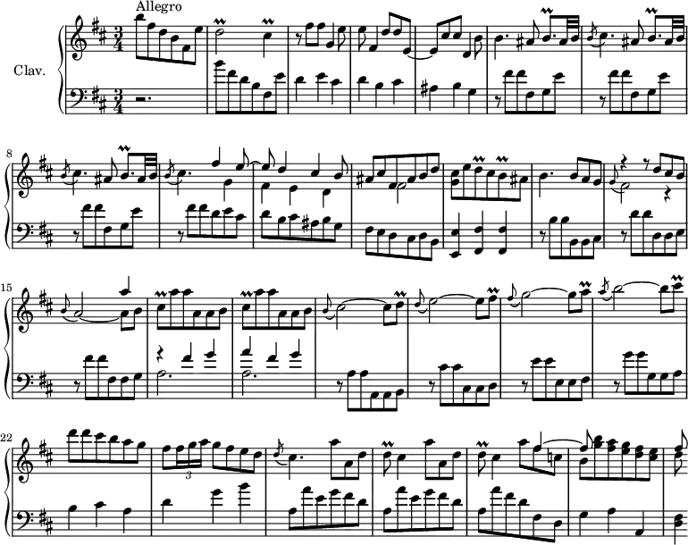 
\version "2.18.2"
\header {
  tagline = ##f
  % composer = "Domenico Scarlatti"
  % opus = "K. 498"
  % meter = "Allegro"
}

%% les petites notes
trillDb     = { \tag #'print { d2\prall } \tag #'midi { e32 d e d~ d8~ d4 } }
trillCis    = { \tag #'print { cis4\prall } \tag #'midi { d32 cis d cis~ cis8 } }
trillBqp    = { \tag #'print { b8.\prall } \tag #'midi { cis32 b cis b~ b16 } }
trillDq     = { \tag #'print { d8\prall } \tag #'midi { e32 d e d } }
trillBq     = { \tag #'print { b8\prall } \tag #'midi { cis32 b cis b } }
trillCisq   = { \tag #'print { cis8\prall  } \tag #'midi { d32 cis d cis } }
trillFisq   = { \tag #'print { fis8\prall  } \tag #'midi { g32 fis g fis } }
trillAq     = { \tag #'print { a8\prall } \tag #'midi { b32 a b a } }

upper = \relative c'' {
  \clef treble 
  \key b \minor
  \time 3/4
  \tempo 4 = 102

      s8*0^\markup{Allegro}
      b'8 fis d b fis e' | \trillDb \trillCis | r8 fis8 fis g,4 e'8 |
      % ms. 4
      e8 fis,4 d'8 d e,~ | e cis' cis d,4 b'8 | b4. \repeat unfold 3 { ais8 \trillBqp ais32 b |
      % ms. 9
      \acciaccatura b8 cis4. } 
      << { fis4 e8~ | e d4 cis b8 | ais cis fis, ais b d } 
       \\ { s8 g,4 | fis e d | s4 fis2 } >>
      % ms. 12
      < g cis >8 e' \trillDq cis8 \trillBq ais8 | b4. b8 a g | << { r4 r8 d'8 cis b | s2 a'4 } \\ { \stemUp \appoggiatura g,8 \stemDown fis2 r4 | \stemUp \appoggiatura b8 a2~ \stemDown a8 b8 } >> 
      % ms. 16
      \repeat unfold 2 { \trillCisq a'8 a a, a b } | \appoggiatura b8 cis2~ cis8 \trillDq | \appoggiatura d8 e2~ e8 \trillFisq
      % ms. 20
      \appoggiatura fis8 g2~ g8 \trillAq | \acciaccatura a8 b2~ b8 \trillCisq | d8 d cis b a g | fis \times 2/3 { fis16 g a } g8 fis e d |
      % ms. 24
      \acciaccatura d8 cis4. \repeat unfold 2 { a'8 a, d | \trillDq cis4 } 
      << { s8 fis4~ | fis8 } \\ { a8 fis c | b < g' b > < fis a > < e g > < d fis > < cis e > } >>
      % ms. 28
      << { fis8 } \\ { d8 } >>

}

lower = \relative c' {
  \clef bass
  \key b \minor
  \time 3/4

    % ************************************** \appoggiatura a16  \repeat unfold 2 {  } \times 2/3 { }   \omit TupletNumber 
      r2. | b'8 fis d b fis e' | d4 e cis |
      % ms. 4
      d4 b cis | ais b g | \repeat unfold 3 { r8 fis' fis fis, g e' }
      % ms. 9
      r8 fis fis d e cis | d b cis ais b g | fis e d cis d b |
      % ms. 12
      < e, e' >4 < fis fis' > q | r8 b'8 b b, b cis | r8 d' d d, d e | r8 fis' fis fis, fis g |
      % ms. 16
      << { r4 fis'4 g | a fis g } \\ { a,2. a } >> | r8 a8 a a, a b | r8 cis' cis cis, cis d |
      % ms. 20
      r8 e' e e, e fis | r8 g' g g, g a | b4 cis a | d g b |
      % ms. 24
      \repeat unfold 2 { a,8 a' e g fis d } | a a' fis d fis, d | g4 a a, |
      % ms. 28
      < d fis >4*1/2

}

thePianoStaff = \new PianoStaff <<
    \set PianoStaff.instrumentName = #"Clav."
    \new Staff = "upper" \upper
    \new Staff = "lower" \lower
  >>

\score {
  \keepWithTag #'print \thePianoStaff
  \layout {
      #(layout-set-staff-size 17)
    \context {
      \Score
     \override TupletBracket.bracket-visibility = ##f
     \override SpacingSpanner.common-shortest-duration = #(ly:make-moment 1/2)
      \remove "Metronome_mark_engraver"
    }
  }
}

\score {
  \keepWithTag #'midi \thePianoStaff
  \midi { \set Staff.midiInstrument = #"harpsichord" }
}
