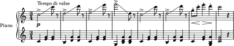 
\version "2.18.2"
\header {
  tagline = ##f
}

upper = \relative c'' {
  \clef treble 
    \key c \major
    \numericTimeSignature
    \time 3/4
  %\tempo 4 = 92
  \tempo "tempo di valse"
  \set Staff.midiInstrument = #"acoustic grand"

    s8*0^\markup{Tempo di valse}
    c2->\glissando\p c'8 r
    d,2->\glissando d'8 r 
    e,2->\glissando e'8 r
    f2->\glissando d,8 r
    c2->\glissando c'8 r
    d,2->\glissando d'8 r
    g,8\<-. c\!-. e4\>-. d\!-.
    c2 r4
}

uppermidi = \relative c'' {
  \clef treble
  \key c \major
  \numericTimeSignature
  \time 3/4
  \tempo 4 = 112
   \tempo "tempo di valse"
  \set Staff.midiInstrument = #"acoustic grand"
 c2 \grace { c16 d e f g a b  } c8 r8
  d,2 \grace { d16 e f g a b c  } d8 r8
  e,2 \grace { e16 f g a b c d } e8 r8
  f2 \grace { f16 e d c b a g f e }  d8 r8
  c2 \grace  {c16 d e f g a b  } c8 r8
  d,2 \grace { d16 e f g a b c  } d8 r8
  g,8\<-. c\!-. e4\>-. d\!-.
  c2 r4
}

lower = \relative c' {
  \clef treble 
    \key c \major
    \numericTimeSignature
    \time 3/4
  \set Staff.midiInstrument = #"acoustic grand"
  %    c4 <e g> <e g>
      c4 <e g> <e g>
      b <d g> <d g>
      c <e g> <e g>
      g, <b d g> <b d g>
      c <e g> <e g>
      b <d g> <d g>
      c <e g> <g, b g'>
      <c e g>2 r4

} 



\score {
  \new PianoStaff <<
    \set PianoStaff.instrumentName = #"Piano"
    \new Staff = "upper" \upper
    \new Staff = "lower" \lower
  >>
  \layout {
    \context {
      \Score
      \remove "Metronome_mark_engraver"
    }
  }
}

% \markup "Partie Midi......"
\score {
  \new PianoStaff <<
    \set PianoStaff.instrumentName = #"Piano"
    \new Staff = "upper" \uppermidi
    \new Staff = "lower" \lower
  >>
  %\layout {}
  \midi { }
}
