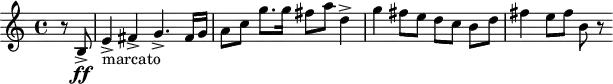 
\header {
  tagline = ##f
}

\score {
  \new Staff \with {

  }
<<
  \relative c'' {
    \key c \major
    \time 4/4
    \tempo 4 = 100
    \override TupletBracket #'bracket-visibility = ##f 
    %\autoBeamOff
    \set Staff.midiInstrument = #"string ensemble 1"

     %%%%%%%%%%%%%%%%%%%%%%%%%% 5e chosta thème {{4e|mouvement}}
     \partial 4 r8 b,8->\ff e4->-"marcato" fis-> g4.-> fis16 g a8 c g'8. g16 fis8 a  d,4->
     g4 fis8 e d c b[ d] fis4 e8 fis b, r8

  }
>>
  \layout {
    \context {
      \Score
      \remove "Metronome_mark_engraver"
    }
  }
  \midi {}
}
