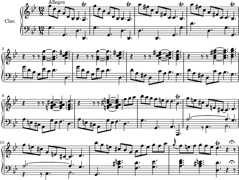 
\version "2.18.2"
\header {
  tagline = ##f
  % composer = "Domenico Scarlatti"
  % opus = "K. 111"
  % meter = "Allegro"
}

%% les petites notes
trillAp       = { \tag #'print { a4.\trill } \tag #'midi { bes32 a bes a~ a4 } }
trillBesp     = { \tag #'print { bes4.\trill } \tag #'midi { c32 bes c bes~ bes4 } }
trillCisp     = { \tag #'print { bes4.\trill } \tag #'midi { d32 cis d cis~ cis4 } }
trillDp       = { \tag #'print { d4.\trill } \tag #'midi { e32 d e d~ d4 } }

upper = \relative c'' {
  \clef treble 
  \key g \minor
  \time 12/8
  \tempo 4. = 112
  \set Staff.midiInstrument = #"harpsichord"
  \override TupletBracket.bracket-visibility = ##f

      s8*0^\markup{Allegro}
      \repeat unfold 2 { g'8 d bes g d bes bes4. \trillAp } | \repeat unfold 2 { a''8 fis c a fis c c4. \trillBesp }
      % ms. 5
      \repeat unfold 2 { r4 r8 r8 < g' bes g' >4~ q4. < a c d fis >4. }
      % ms. 7
      r4 r8 r8 < a c d fis >4~ q4. < g bes d g >4. | r4 r8 r8 < a c fis a >4~ q4. < bes d g bes >4. | r4 r8 r8 < e, g a cis >4~ q4. < d f a d >4. | 
      % ms. 10
      r4 r8 r8 < e g a cis e >4~ q4. f'8 g a | bes a g f e d d4. \trillCisp | \repeat unfold 2 { g'8 e cis g e cis~ cis4.  d4. } | 
      % ms. 14
      bes''8 g e cis bes g a f' e g f a | \appoggiatura g32 f8 e f g f e \trillDp r4 r8^\markup { \translate #'(-0.6 . 0.7) % déplcement d'un point d'orgue
\musicglyph #"scripts.ufermata" }

}

lower = \relative c' {
  \clef bass
  \key g \minor
  \time 12/8
  \set Staff.midiInstrument = #"harpsichord"
  \override TupletBracket.bracket-visibility = ##f

    % ************************************** \appoggiatura a16  \repeat unfold 2 {  } \times 2/3 { }   \omit TupletNumber 
      \repeat unfold 2 { g4. g, d' d, } | d' d, g g' |
      % ms. 4
      d'4. d, g g, | \repeat unfold 2 { g''8 d bes g ees' c d4. d, } | 
      % ms. 7
      \repeat unfold 2 { d'8 a fis d c' a bes4. g } | \repeat unfold 2 { a8 e cis a g' e f4. d } |
      % ms. 11
      g4. g, a a, | \repeat unfold 2 { << { a''2.~ a4. g } \\ { r4 r8 a,4. bes2. } >> }
      % ms. 14
      g4. < g' cis e >4. < f d' > < g e' > | < a d f > < a cis e > < d, d' > r4 r8^\markup { \translate #'(-0.6 . 0.7) % déplcement d'un point d'orgue
\musicglyph #"scripts.ufermata" }

}

thePianoStaff = \new PianoStaff <<
    \set PianoStaff.instrumentName = #"Clav."
    \new Staff = "upper" \upper
    \new Staff = "lower" \lower
  >>

\score {
  \keepWithTag #'print \thePianoStaff
  \layout {
      #(layout-set-staff-size 17)
    \context {
      \Score
     \override SpacingSpanner.common-shortest-duration = #(ly:make-moment 1/2)
      \remove "Metronome_mark_engraver"
    }
  }
}

\score {
  \keepWithTag #'midi \thePianoStaff
  \midi { }
}
