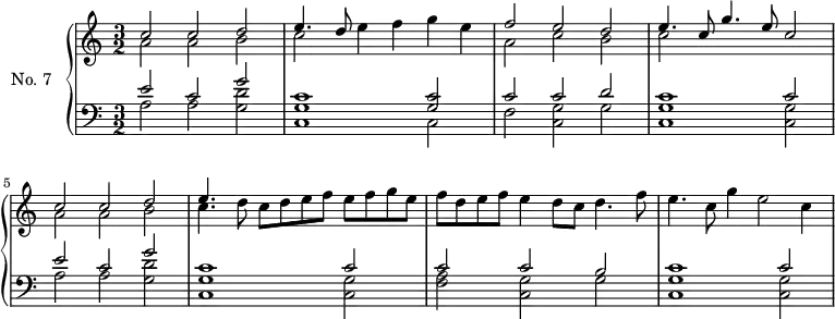\version "2.14.2"
\header {
tagline = ##f
}
upper = \relative c'' {
\clef treble
\key a \minor
\time 3/2
\tempo 2 = 96
\autoBeamOff
\set Staff.midiInstrument = #"harpsichord"
<< { c2 c d e4. d8 } \\ { a2 a b c e4 f g e } >>
<< { f2 e d } \\ { a2 c b } >>
<< { e4. c8 g'4. e8 c2 } \\ { c2 } >>
<< { c2 c d } \\ { a2 a b } >>
<< { e4. } \\ { c4. d8 c d e f e f g e } >>
<< {} \\ { f d e f e4 d8 c d4. f8 e4. c8 g'4 e2 c4 } >>
}
lower = \relative c {
\clef bass
\key a \minor
\time 3/2
\set Staff.midiInstrument = #"harpsichord"
<< { e'2 c g' } \\ { a,2 a << d g, >> } >>
<< { c1 << c2 g >> } \\ { << g1 c, >> c2 } >>
<< { c'2 c d } \\ { f,2 << g c, >> g' } >>
<< { c1 c2 } \\ { << g1 c, >> << g'2 c, >> } >>
<< { e'2 c g' } \\ { a,2 a << d g, >> } >>
<< { c1 c2 } \\ { << g1 c, >> << g'2 c, >> } >>
<< { c'2 c b } \\ { << f2 a >> << g2 c, >> g'2 } >>
<< { c1 c2 } \\ { << g1 c, >> << g'2 c, >> } >>
}
\score {
\new PianoStaff <<
\set PianoStaff.instrumentName = #"No. 7"
\new Staff = "upper" \upper
\new Staff = "lower" \lower
>>
\layout {
\context {
\Score
\remove "Metronome_mark_engraver"
}
}
\midi { }
}