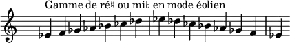 \relative c' {
\clef treble \time 7/4 \hide Staff.TimeSignature ees4^\markup { Gamme de ré♯ ou mi♭ en mode éolien } f ges aes bes ces des ees des ces bes aes ges f ees
}