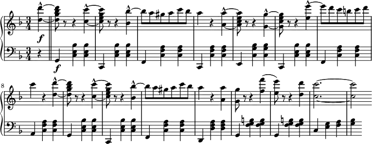
 \relative c' {
 \new PianoStaff <<
  \new Staff { \key d \minor \time 3/4 \set Score.tempoHideNote = ##t \tempo 2.=52
  \tempo \markup {
   \column {
 }
  }
   \partial 4 <d' d'-^>~ \bar "||" <d g bes d>8 r r4 <c c'-^>~ <c e g c>8 r r4 <bes bes'-^>~ bes'8[ a gis a c bes] a4 r <a a,-^>~ <a a, c e>8 r r4 <g g,-^>~ <g g, c e>8 r r4 <e e'-^>~ e'8[ d c b c d] c4 r <d, d'-^>~ <d g bes d>8 r r4 <c c'-^>~ <c e g c>8 r r4 <bes bes'-^>~ bes'8[ a gis a c bes] a4 r <a a,> <g g,>8 r r4 <f f'>4( <e e'>8) r r4 <d d'> <c c'>2.~ <c c'>2
  }
  \new Dynamics {
  s\f
   }
  \new Staff { \key d \minor \time 3/4 \clef bass
   r4 g,,\f <c e bes'> <c e bes'> c, <c' e bes'> <c e bes'> f, <c' f a> <c f a> c, <c' f a> <c f a> e, <c' g' bes> <c g' bes> c, <c' e bes'> <c e bes'> f, <c' f a> <c f a> a <c f a> <c f a> g <c e bes'> <c e bes'> c, <c' e bes'> <c e bes'> f, <c' f a> <c f a> d, <d' f a> <d f a> g, <f' g b> <f g b> g, <f' g b> <f g b> c <e g> <f a> <g bes>
  }
 >>
 }
