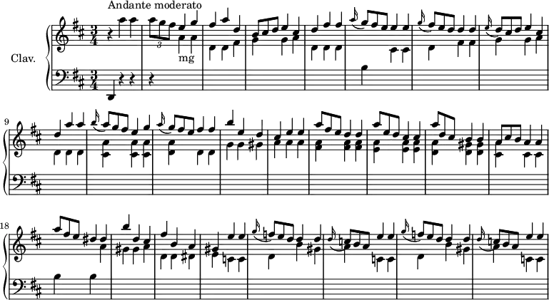 
\version "2.18.2"
\header {
  tagline = ##f
  % composer = "Domenico Scarlatti"
  % opus = "K. 164"
  % meter = "Andante moderato"
}

%% les petites notes
%trillBesp     = { \tag #'print { bes4.\prall } \tag #'midi { c32 bes c bes~ bes4 } }

upper = \relative c'' {
  \clef treble 
  \key d \major
  \time 3/4
  \tempo 4 = 102

      s8*0^\markup{Andante moderato}
      r4 a'4 a | \times 2/3 { a8 g fis } \stemUp e4 g | fis a d, | \omit TupletNumber \times 2/3 { b8 cis d } e4 cis |
      % ms. 5
      d4 fis fis | \appoggiatura a16 \times 2/3 { g8 fis e } e4 e | \appoggiatura g16 \times 2/3 { fis8 e d } d4 d | \appoggiatura e16 \times 2/3 { d8 cis d } e4 cis | 
      % ms. 9
      d4 a' a | \appoggiatura b16 \times 2/3 { a8 g fis } e4 g | \appoggiatura a16 \times 2/3 { g8 fis e } fis4 fis | b e, d | cis e e |
      % ms. 14
      \times 2/3 { a8 fis e } d4 d | \times 2/3 { a'8 e d } cis4 cis | \times 2/3 { a'8 d, cis } b4 b | \times 2/3 { a8 cis b } a4 a |
      % ms. 18
      \times 2/3 { a'8 fis e } dis4 dis | b' d, cis | fis b, a | gis e' e | \appoggiatura g16 \times 2/3 { f8 e d } d4 d |
      % ms. 23
      \appoggiatura d16 \times 2/3 { c8 b a } e'4 e | \appoggiatura g16 \times 2/3 { f8 e d } d4 d | \appoggiatura d16 \times 2/3 { c8 b a } e'4 e |
      % ms. 27
      

}

lower = \relative c' {
  \clef bass
  \key d \major
  \time 3/4

    % ************************************** \appoggiatura a16  \repeat unfold 2 {  } \times 2/3 { }   \omit TupletNumber 
      d,,4 r4 r4 | r4 \stemDown \change Staff = "upper"  a'''4-\markup{mg} a | d, d fis | g g a |
      % ms. 5
      d,4 d d \stemNeutral \change Staff = "lower" | b \stemDown \change Staff = "upper" cis cis | d fis fis | g g a
      % ms. 9
      d,4 d d | < cis a' > q q | < d a' > d d | g g gis | a a a |
      % ms. 14
      < fis a >4 q q | < e a > q q | < d a' > < d gis > q | < cis a' > cis cis \stemNeutral \change Staff = "lower" |
      % ms. 18
      b4 b \stemDown \change Staff = "upper"  a' | gis gis a | d, d dis | e c c | d b' gis |
      % ms. 23
      a4 c, c | d b' gis | a c, c | %d d e |
      % ms. 27
      

}

thePianoStaff = \new PianoStaff <<
    \set PianoStaff.instrumentName = #"Clav."
    \new Staff = "upper" \upper
    \new Staff = "lower" \lower
  >>

\score {
  \keepWithTag #'print \thePianoStaff
  \layout {
      #(layout-set-staff-size 17)
    \context {
      \Score
     \override TupletBracket.bracket-visibility = ##f
     \override SpacingSpanner.common-shortest-duration = #(ly:make-moment 1/2)
      \remove "Metronome_mark_engraver"
    }
  }
}

\score {
  \keepWithTag #'midi \thePianoStaff
  \midi { \set Staff.midiInstrument = #"harpsichord" }
}

