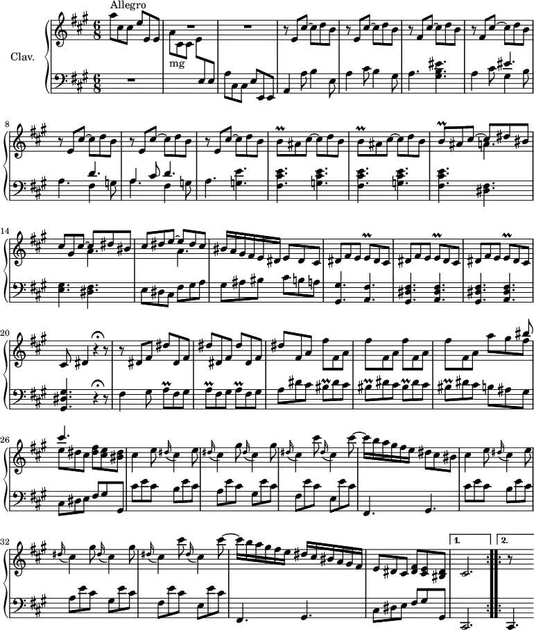 
\version "2.18.2"
\header {
  tagline = ##f
  % composer = "Domenico Scarlatti"
  % opus = "K. 457"
  % meter = "Allegro"
}

%% les petites notes
trillBq        = { \tag #'print { b8\prall } \tag #'midi { cis32 b cis b } }
trillEq        = { \tag #'print { e8\prall } \tag #'midi { fis32 e fis e } }
trillBisq      = { \tag #'print { bis8\prall } \tag #'midi { cis32 bis cis bis } }
trillAq        = { \tag #'print { a8\prall } \tag #'midi { b32 a b a } }

upper = \relative c'' {
  \clef treble 
  \key a \major
  \time 6/8
  \tempo 4. = 92
  \set Staff.midiInstrument = #"harpsichord"
  \override TupletBracket.bracket-visibility = ##f

  \repeat volta 2 {
      s8*0^\markup{Allegro}
      a'8 cis, cis e e, e | R2.*2 | \repeat unfold 2 { r8 e8 cis'~ cis d b } |
      % ms. 6
      \repeat unfold 2 { r8 fis8 cis'~ cis d b } | \repeat unfold 3 { r8 e,8 cis'~ cis d b } |
      % ms. 11
      \repeat unfold 2 { \trillBq ais8 cis~ cis d b } | 
      << { \trillBq ais8 cis~ cis dis bis | cis gis cis~ cis dis bis | cis dis e~ e dis cis } 
      \\ { \repeat unfold 3 { s4. a4. } } >>
      % ms. 16
      bis16 a gis fis e dis e8 dis cis | \repeat unfold 3 { dis8 fis e \trillEq dis8 cis } |
      % ms. 20
      cis8 dis4 r4 r8^\markup { \translate #'(-1.1 . 0.1) \musicglyph #"scripts.ufermata" } |
      % ms. 21
      r8 \repeat unfold 4 { dis8 fis dis' } | \repeat unfold 4 { fis,8 a fis' } 
      % ms. 25 suite
      fis,8 a << { s4 bis'8 | cis4. } \\ { a8 gis fis | e dis cis } >> < dis fis >8 < cis e > < bis dis > |
      % ms. 27
      cis4 \repeat unfold 2 {  e8 \appoggiatura dis16 cis4 } | \repeat unfold 2 { gis'8 \appoggiatura dis16 cis4 } | cis'8 \appoggiatura dis,16 cis4 cis'8~
      % ms. 30
      cis16 b a gis fis e dis8 cis bis | cis4 \repeat unfold 2 {  e8 \appoggiatura dis16 cis4 } | \repeat unfold 2 { gis'8 \appoggiatura dis16 cis4 } | cis'8 \appoggiatura dis,16 cis4 cis'8~
      % ms. 34
      cis16 b a gis fis e dis cis bis a gis fis | e8 dis cis < dis fis > < cis e > < bis dis > }%repet 
      \alternative {
      { cis2. }
      { \bar ":..:" r8 s4 }
}

}

lower = \relative c' {
  \clef bass
  \key a \major
  \time 6/8
  \set Staff.midiInstrument = #"harpsichord"
  \override TupletBracket.bracket-visibility = ##f

  \repeat volta 2 {
    % ************************************** \appoggiatura a16  \repeat unfold 2 {  } \times 2/3 { }   \omit TupletNumber 
      R2. | \stemDown \change Staff = "upper" a'8-\markup{mg} cis, cis e \stemNeutral \change Staff = "lower" e, e |   a cis, cis e e, e | a4 a'8 b4 e,8 |
      % ms. 5
      a4 cis8 b4 gis8 | a4. < gis b eis >4. | a4 cis8 << { eis4. | s4. d4. | a4 cis8 d4. } \\ { \mergeDifferentlyDottedOn gis,4 b8 | a4. fis4 g8 | a4. fis4 g8 } >>
      % ms. 10
      a4. < g e' >4. | \repeat unfold 2 { < fis cis' e >4. < g cis e > } | < fis cis' e >4. < dis fis > | < e gis > < dis fis > |
      % ms. 15
      e8 dis cis fis gis a | gis ais bis cis b a | < gis, gis' >4. < a fis' > | \repeat unfold 2 { < gis dis' fis >4. < a dis fis > } |
      % ms. 20
      < gis dis' gis >4. r4 r8^\markup { \translate #'(-1.1 . 0.1) \musicglyph #"scripts.ufermata" } |
      % ms. 21
      fis'4 gis8 | \repeat unfold 3 { \trillAq fis8 gis } | a8 dis cis \repeat unfold 4 { \trillBisq dis8 cis }
      % ms. 25 suite
      b8 ais gis | cis, dis e fis gis gis, |
      % ms. 27
      \repeat unfold 2 { cis'8 e cis b e cis | a e' cis  gis e' cis | fis, e' cis e, e' cis |
      % ms. 30
      fis,,4. gis } | 
      % ms. 35
      cis8 dis e fis gis gis, }%repet
    \alternative {
       { cis,2. }
       {  \bar ":..:" cis4. }
     }

}

thePianoStaff = \new PianoStaff <<
    \set PianoStaff.instrumentName = #"Clav."
    \new Staff = "upper" \upper
    \new Staff = "lower" \lower
  >>

\score {
  \keepWithTag #'print \thePianoStaff
  \layout {
      #(layout-set-staff-size 17)
    \context {
      \Score
     \override SpacingSpanner.common-shortest-duration = #(ly:make-moment 1/2)
      \remove "Metronome_mark_engraver"
    }
  }
}

\score {
  \unfoldRepeats
  \keepWithTag #'midi \thePianoStaff
  \midi { }
}
