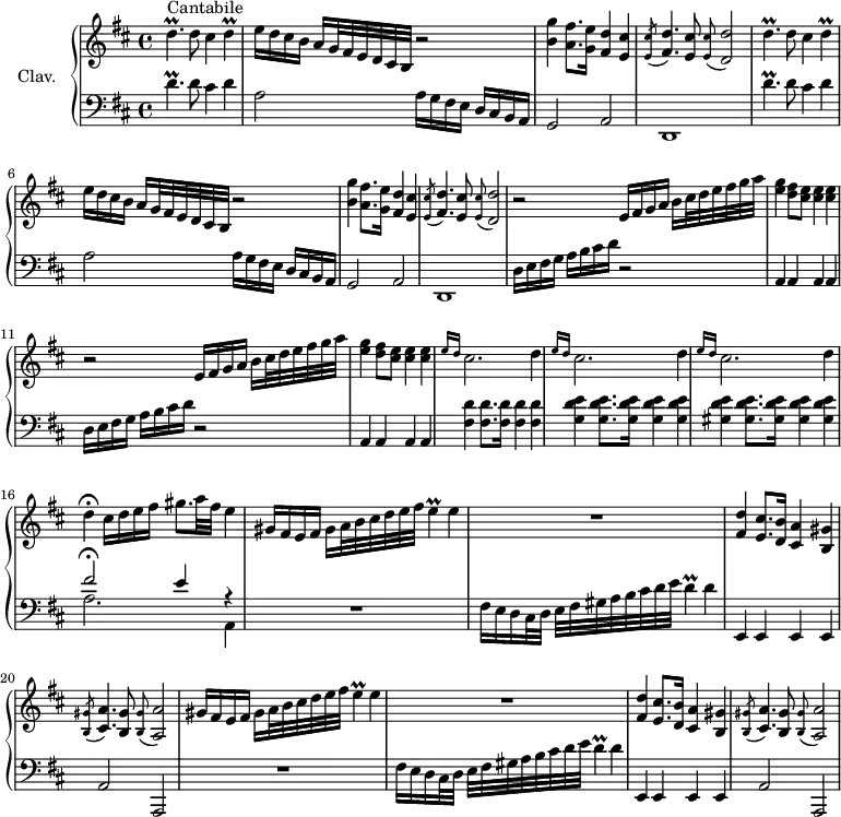 
\version "2.18.2"
\header {
  tagline = ##f
}

%% les petites notes
trillDp   = { \tag #'print { d4.\prall } \tag #'midi { e32 d e d~ d8~ d8 } }
trillD    = { \tag #'print { d4\prall } \tag #'midi { e32 d e d~ d8 } }
trillE    = { \tag #'print { e4\prall } \tag #'midi { fis32 e fis e~ e8 } }

upper = \relative c'' {
  \clef treble 
  \key d \major
  \time 4/4
  \tempo 2 = 56
  \set Staff.midiInstrument = #"harpsichord"

      s8*0^\markup{Cantabile} \repeat unfold 2 { \trillDp d8 cis4 \trillD | e16 d cis b a g32 fis e d cis b r2 | < b' g' >4 < a fis' >8. < g e' >16 < fis d' >4 < e cis' > | \tempo 2 = 22 \acciaccatura < e cis' >8 \tempo 2 = 56 < fis d' >4. < e cis' >8 \tempo 2 = 22 \appoggiatura < e cis' >8 \tempo 2 = 56 < d d' >2 }
      % ms. 9
      \repeat unfold 2 { r2 e16 fis g a b cis32 d e fis g a | < e g >4 < d fis >8 < cis e > q4 q } |
      % ms. 13
      \repeat unfold 3 { \grace { \tempo 2 = 22 e16 d } \tempo 2 = 56 cis2. d4 } | d\fermata cis16 d e fis gis8. a32 fis e4 |
      % ms. 17
      \repeat unfold 2 { gis,16 fis e fis  gis a32 b cis d e fis \trillE e4 | R1 < fis, d' >4 < e cis' >8. < d b' >16 < cis a' >4 < b gis' > \tempo 2 = 22 \acciaccatura < b gis' >8 \tempo 2 = 56 < cis a' >4. < b gis' >8 \tempo 2 = 22 \appoggiatura < b gis' >8 \tempo 2 = 56 < a a'>2 }

}

lower = \relative c' {
  \clef bass
  \key d \major
  \time 4/4
  \set Staff.midiInstrument = #"harpsichord"

    % **************************************
      \repeat unfold 2 { \trillDp d8 cis4 d | a2 a16 g fis e  d cis b a | g2 a | d,1 }
      % ms. 9
      \repeat unfold 2 { d'16 e fis g a b cis d r2 | a,4 a a a } |
      % ms. 13
      < fis' d' >4 q8. q16 q4 q |  < g d' e >4 q8. q16 q4 q |  < gis d' e >4 q8. q16 q4 q | << { fis'2\fermata e4 r4 } \\ { a,2. a,4 } >>
      % ms. 17
      \repeat unfold 2 { R1 fis'16 e d cis32 d e fis gis a b cis d e \trillD d4 | e,, e e e | a2 a, } |

}

thePianoStaff = \new PianoStaff <<
    \set PianoStaff.instrumentName = #"Clav."
    \new Staff = "upper" \upper
    \new Staff = "lower" \lower
  >>

\score {
  \keepWithTag #'print \thePianoStaff
  \layout {
      #(layout-set-staff-size 17)
    \context {
      \Score
     \override SpacingSpanner.common-shortest-duration = #(ly:make-moment 1/2)
      \remove "Metronome_mark_engraver"
    }
  }
}

\score {
  \keepWithTag #'midi \thePianoStaff
  \midi { }
}
