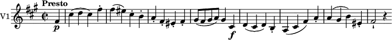 
\version "2.18.2"
 \new Staff \with { instrumentName = #"V1"}
 \relative c' {
    \key a\major 
    \tempo "Presto"
    \time 2/2
    \tempo 4 = 230
 
     \partial4  fis4 \p cis' (d cis) fis-.
     fis (eis) cis-. b-.
     a-. fis-. eis-. fis-.
     gis8 (fis gis a) gis4 cis, \f
     d (cis d) b-.
     a (cis fis) a-.
     a (gis b) eis,-.
     fis2-! r4
 }
