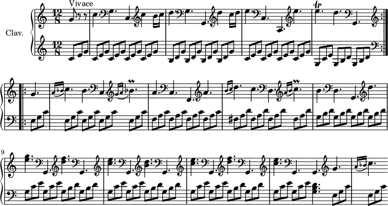 
\version "2.18.2"
\header {
  tagline = ##f
}

%% les petites notes
trillE = { \tag #'print { e4.\trill } \tag #'midi { f16 e f e~ e8 } }
trillBes = { \tag #'print { bes4.)\prall } \tag #'midi { c16 bes c bes~ bes8 } }
trillC = { \tag #'print { c4.)\prall } \tag #'midi { d16 c d c~ c8 } }

upper = \relative c'' {
  \clef treble 
  \key c \major
  \time 12/8
  \tempo 4. = 126
  \set Staff.midiInstrument = #"harpsichord"

     s8*0^\markup{Vivace}
     \repeat volta 2 {
     g8 r8 r8 | c4.   \clef bass g, c,   \clef treble  c''4 b16 c | d4.  \clef bass g,, g,  \clef treble  d'''4 c16 d |
     % ms. 3
     e4.  \clef bass c,, c, \clef treble  e'''4. | \trillE d4.  \clef bass g,,, 
     } \set Score.doubleRepeatType = #":..:" 
     \repeat volta 1 { \clef treble
     g''4. \grace {   \tempo 4. = 45 a16( bes }   \tempo 4. = 126 c4.)   \tempo 4. = 126 bes4. \clef bass c,, \clef treble \grace {   \tempo 4. = 45 g''16( a }   \tempo 4. = 126 \trillBes |
     % ms. 6
     a4. \clef bass c,, f, \clef treble  a''4. | \grace {   \tempo 4. = 45 b16( c }   \tempo 4. = 126 d4.) c | \clef bass d,, \clef treble \grace {   \tempo 4. = 45 a''16( b }   \tempo 4. = 126 \trillC | b4. \clef bass d,, g, \clef treble  d'''4. |
     % ms. 9
     < e g >4. \clef bass g,,, \clef treble < d''' f > \clef bass g,,, \clef treble < c'' e > \clef bass g,, \clef treble < b'' d > \clef bass g,, \clef treble < c'' e > \clef bass g,, \clef treble < d''' f > \clef bass g,,, 
     % ms. 12
     \clef treble < c'' e > \clef bass g,, \tempo 4. = 60 g  \tempo 4. = 126 \clef treble g'' \grace {   \tempo 4. = 45 a16( bes }   \tempo 4. = 126 c4.)

     }\bar ""

}

lower = \relative c' {
  \clef bass
  \key c \major
  \time 12/8
  \set Staff.midiInstrument = #"harpsichord"

  \repeat volta 2 {
    % **************************************
     \partial 4.
      \clef treble \repeat unfold 5 { c8 e g } \repeat unfold 4 { b,8 d g } \repeat unfold 4 { c,8 e g } g, c e \repeat unfold 2 { g, b d } 
 }
\repeat volta 1 {
      \clef bass \repeat unfold 5 { e, g c } \repeat unfold 4 { f, a c } \repeat unfold 4 { fis, a d } \repeat unfold 4 { g, b d }  \repeat unfold 3 {  \repeat unfold 2 { g, c e } \repeat unfold 2 { g, b d } } 

      % ms. 12
      \repeat unfold 2 { g, c e }   \tempo 4. = 100 < g, b d >4.  \repeat unfold 2 { e8 g c }
} %repet
}

thePianoStaff = \new PianoStaff <<
    \set PianoStaff.instrumentName = #"Clav."
    \new Staff = "upper" \upper
    \new Staff = "lower" \lower
  >>

\score {
  \keepWithTag #'print \thePianoStaff
  \layout {
      #(layout-set-staff-size 17)
    \context {
      \Score
     \override SpacingSpanner.common-shortest-duration = #(ly:make-moment 1/2)
      \remove "Metronome_mark_engraver"
    }
  }
}

\score {
  \unfoldRepeats
  \keepWithTag #'midi \thePianoStaff
  \midi { }
}
