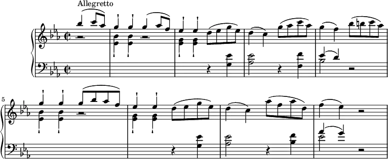 
\version "2.18.2"
\header {
  tagline = ##f
}
upper = \relative c' {
         \clef "treble" 
         \tempo "Allegretto"
         \key ees \major
         \time 2/2
         \tempo 4 = 130
      \partial 2 <<{\stemDown a'2 \rest <ees bes'> 4 _  \staccatissimo <ees bes'> _  \staccatissimo a2 \rest <ees g>4 _  \staccatissimo <ees g> _  \staccatissimo } \\ 
                   { \stemUp bes''4 ^\markup {Allegretto } ^(c8 aes) g4^  \staccatissimo g ^  \staccatissimo g ^(aes8 f) ees4^  \staccatissimo ees^  \staccatissimo }>>
      d8 (ees g ees)
      d4 (c) g'8 (aes c aes)
      g4 (f) bes8 (b c aes)
      <<{\stemDown  <ees, bes'> 4 _  \staccatissimo <ees bes'> _  \staccatissimo a2 \rest <ees g>4 _  \staccatissimo <ees g> _  \staccatissimo } \\ 
                   { \stemUp  g'4^  \staccatissimo g ^  \staccatissimo g8 ^ (bes aes f) ees4^  \staccatissimo ees^  \staccatissimo }>>
     d8 (ees g es)  d4 (c) aes'8 (f aes d,) f4 (ees) r2    
      
}

lower =\relative c {      
         \clef "bass" 
         \key ees \major
         \time 2/2 
     s1  s2 s r4 <g' ees'>4 
     <aes ees'>2 r4 <f f'>
     <<{\stemDown bes2 } \\ { \stemUp ees4 ^ (d) }>> r2
     s2 s1 r4 <g, ees'>4 
     <aes ees'>2 r4 <bes f'>
     <<{\stemDown ees2 } \\ { \stemUp aes4 ^ (g) }>> r2
  }     
\score {
  \new PianoStaff <<  
    \new Staff = "upper" \upper
    \new Staff = "lower" \lower
  >>
  \layout {
    \context {
      \Score
      \remove "Metronome_mark_engraver"
    }
  }
  \midi { }
}
