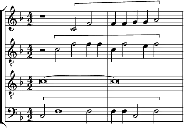 
\version "2.18.2"
\header {
  tagline = ##f
}
global= {
  \time 4/2
  \key f \major
  \tempo 2 = 80
    \set Staff.midiInstrument = #"orchestral harp"
}

dessus = \new Voice \relative c' {
  \clef treble
  \set Staff.instrumentName = #""
 
   r1 \[ c2 f f4 f g g a2 \] s2
  
  % \addlyrics { Vos- tre-al- lée__ me des }
}

alto = \new Voice \relative c' {
  \set Staff.instrumentName = #""
  \clef "treble_8"

   r2 \[ c2 f f4 f c f2 e4 f2 \] s2

}

tenor = \new Voice \relative c' {
  \set Staff.instrumentName = #""
  \clef "treble_8"

  c\breve~ c\breve

}

basse = \new Voice \relative c {
  \set Staff.instrumentName = #""
  \clef bass

   \[ c2 f1 f2 f4 f c2 f \] s2

}

\score {
  \new StaffGroup <<
    \new Staff << \global \dessus >>
    \new Staff << \global \alto >>
    \new Staff << \global \tenor >>
    \new Staff << \global \basse >>
  >>
  \layout {
    \context {
      \Score
      \remove "Metronome_mark_engraver"
    }
  }
  \midi { }
}

