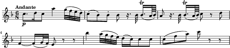 
\relative c'' {
  \version "2.18.2"
    \key f \major
    \time 6/8
    \tempo "Andante"
   c8.\p  d16  c8  a'4 g32 (f e d)
   c8 (bes) bes-. bes r16. bes32 bes16.\trill [(a64 bes)]
   a8 r16. bes32 bes16.\trill [(a64 bes)] c8 r8 d
   f,4~ f16 (g32 f) e8 r8 r8
   bes''4 a32 (g f e) d16 (c) c8 c
   c (f a) c r8 r8
  }
