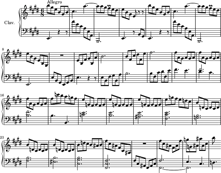 
\version "2.18.2"
\header {
  tagline = ##f
}

%% les petites notes
trillFisq     = { \tag #'print { fis8\prall } \tag #'midi { \times 2/3 { fis16 gis fis } } }


upper = \relative c'' {
  \clef treble 
  \key e \major
  \time 6/8
  \tempo 4. = 120
  \set Staff.midiInstrument = #"harpsichord"

     b'8^\markup{Allegro} gis e b gis b | cis4. a'~ | a8 a gis \trillFisq e8 dis | e b gis e r8 r8 | 
     % ms. 5
     b''8 gis e b gis b | cis4. a'~ | a8 a gis \trillFisq e8 dis | e b gis e b gis | R2. | 
     % ms. 10
     e'8 b fis' gis b, a' | b2. | b8 fis cis' dis fis, e' | fis2. | \repeat unfold 3 { fis8 a, gis a gis a } | 
     % ms. 17
     fis'8 c' b a g fis | \repeat unfold 3 { e8 g, fis g fis g } | e'8 g fis e d cis | \repeat unfold 3 { b d, cis d cis d } |
     % ms. 25
     b'8 d cis b ais b | fis' cis ais fis cis ais | R2. | fis''8 cis ais fis ais fis' | g g, ais ais' ais, cis | b'
}

lower = \relative c {
  \clef bass
  \key e \major
  \time 6/8
  \omit Staff.TimeSignature
  \set Staff.midiInstrument = #"harpsichord"

    % **************************************
    e,4. r4 r8 | a''8 e cis a e a, | b,2. | e4. r8 b'8 gis | e4. r4 r8 | a''8 e cis a e a, | b,2. | e2. | e'8 b gis e gis b | 
    % ms. 10
    e4. r4 r8 | e8 b fis' gis b, a' | b2. | b8 fis cis' dis fis, e' | fis4. e | 
    % ms. 15
    << { fis2. } \\ { dis4. cis } >> < b fis' >2. | b4. b, | < c' e >2. < b e > < ais e' > < fis cis' e > < g b > < fis b > < eis b' >
    % ms. 25
    < cis gis' b >2. < fis, cis' fis > fis'8 cis ais fis ais cis << { fis2. e4. cis } \\ { fis,2.~ fis2. } >> | d'4.

}

thePianoStaff = \new PianoStaff <<
    \set PianoStaff.instrumentName = #"Clav."
    \new Staff = "upper" \upper
    \new Staff = "lower" \lower
  >>

\score {
  \keepWithTag #'print \thePianoStaff
  \layout {
      #(layout-set-staff-size 17)
    \context {
      \Score
     \override SpacingSpanner.common-shortest-duration = #(ly:make-moment 1/2)
      \remove "Metronome_mark_engraver"
    }
  }
}

\score {
  \keepWithTag #'midi \thePianoStaff
  \midi { }
}
