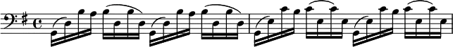
\relative c {
\clef bass
\key g \major
\set Staff.midiInstrument = #"cello"
g16 [ (d') b' a] b [ (d, b' d,) ] g, [ (d') b' a] b [ (d, b' d,) ] g, [ (e') c' b] c [ ( e, c') e,] g, [ (e') c' b] c [ ( e, c') e,]
}
