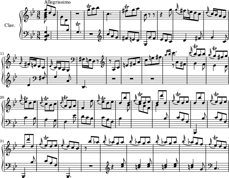 
\version "2.18.2"
\header {
  tagline = ##f
  % composer = "Domenico Scarlatti"
  % opus = "K. 121"
  % meter = "Allegrissimo"
}

%% les petites notes
%trillFisq      = { \tag #'print { fis8\trill } \tag #'midi { g32 fis g fis } } 
trillFisq      = { \tag #'print { fis8\trill } \tag #'midi { \times 2/3 { fis16 g fis } } }
trillGqUp      = { \tag #'print { g'8\trill } \tag #'midi { \times 2/3 { g16 a g } } }
trillGq        = { \tag #'print { g8\trill } \tag #'midi { \times 2/3 { g16 a g } } }
trillGp        = { \tag #'print { g4.\trill } \tag #'midi { a32 g a g~   \tempo 4. = 50 g4   \tempo 4. = 102 } }
trillBesq      = { \tag #'print { bes8\trill } \tag #'midi { \times 2/3 { bes16 c bes } } }
trillEesq      = { \tag #'print { ees8\trill } \tag #'midi { \times 2/3 { ees16 f ees } } }
trillCq        = { \tag #'print { c8\trill } \tag #'midi { \times 2/3 { c16 d c } } }
trillAq        = { \tag #'print { a8\trill } \tag #'midi { \times 2/3 { a16 bes a } } }

upper = \relative c'' {
  \clef treble 
  \key g \minor
  \time 3/8
  \tempo 4. = 102
  \set Staff.midiInstrument = #"harpsichord"
  \override TupletBracket.bracket-visibility = ##f

      s8*0^\markup{Allegrissimo}
      << { g'8 d bes } \\ { < g bes d >8 } >> | s4. | R4. | \trillGqUp a8 bes | c,4. | \trillFisq g8 a | bes,8 r8 r8 |
      % ms. 8
      r4 g'8 | \appoggiatura g32 fis16 e  d8 c | \appoggiatura d32 c16 bes a8 g | \appoggiatura g32 fis16 e  d8 c | \appoggiatura d32 c16 bes a8 g |   \clef bass fis16   \tempo 4. = 70 e   \tempo 4. = 40 d8 r8 |   \tempo 4. = 102  \clef treble  r8 a'8 c |
      % ms. 15
      e8 fis a | c e fis | \grace {   \tempo 4. = 25 a16 bes }   \tempo 4. = 102 c4. | \appoggiatura c32 \stemUp \trillBesq  a8 bes | \appoggiatura a32 \stemUp \trillGq fis8 g | \stemNeutral \appoggiatura f32 \trillEesq d8 ees | \appoggiatura d32 \trillCq bes8 c |
      % ms. 22
      \appoggiatura d32 \trillAq g8 a | f4 f'8 | \repeat unfold 2 { \appoggiatura f32 \trillEesq d8 ees | \stemUp d bes' d, | \appoggiatura f32 \trillEesq d8 ees | 
      % ms. 29
      d8 d' d, } | \appoggiatura f32 \trillEesq d8 ees | \appoggiatura ees32 d8   \tempo 4. = 70 c   \tempo 4. = 40 bes |   \tempo 4. = 102 r8 bes'8 aes | \repeat unfold 3 { \appoggiatura bes32 aes8  g aes } \appoggiatura bes32 aes8 g f \appoggiatura f32 \trillEesq d8 c |
      % ms. 36
      

}

lower = \relative c' {
  \clef bass
  \key g \minor
  \time 3/8
  \set Staff.midiInstrument = #"harpsichord"
  \override TupletBracket.bracket-visibility = ##f

    % **************************************
      < g, c d g >4. | \stemDown \change Staff = "upper" g''8 d \stemUp \change Staff = "lower" bes8 | \trillGp | R4. |   \clef treble  c'8 a g | fis e d | g, g' f |
      % ms. 8
      ees8 d c | d4 fis8 | g4 c,8 | d4   \clef bass fis,8 | g4 c,8 | d,4. | R4.*3 | \stemDown \change Staff = "upper"
      % ms. 17
      r8 a'''8 fis | g4 f8 | ees4 d8 \stemNeutral \change Staff = "lower" | c4 bes8 | a4 g8 | 
      % ms. 22
      f4 ees'8 | d c bes | c a  f | bes4 \stemDown \change Staff = "upper" bes'8 | c a f | bes4 \stemNeutral \change Staff = "lower"  bes,8 | \repeat unfold 2 { c a f |
      % ms. 29
      bes,,4  bes''8 } c8 a f | bes,,4. | R4. |   \clef treble  r4 \repeat unfold 3 { < c''' ees >8 | < b d >4 } g8 |
      % ms. 39
      \clef bass c,,4. |

}

thePianoStaff = \new PianoStaff <<
    \set PianoStaff.instrumentName = #"Clav."
    \new Staff = "upper" \upper
    \new Staff = "lower" \lower
  >>

\score {
  \keepWithTag #'print \thePianoStaff
  \layout {
      #(layout-set-staff-size 17)
    \context {
      \Score
     \override SpacingSpanner.common-shortest-duration = #(ly:make-moment 1/2)
      \remove "Metronome_mark_engraver"
    }
  }
}

\score {
  \keepWithTag #'midi \thePianoStaff
  \midi { }
}
